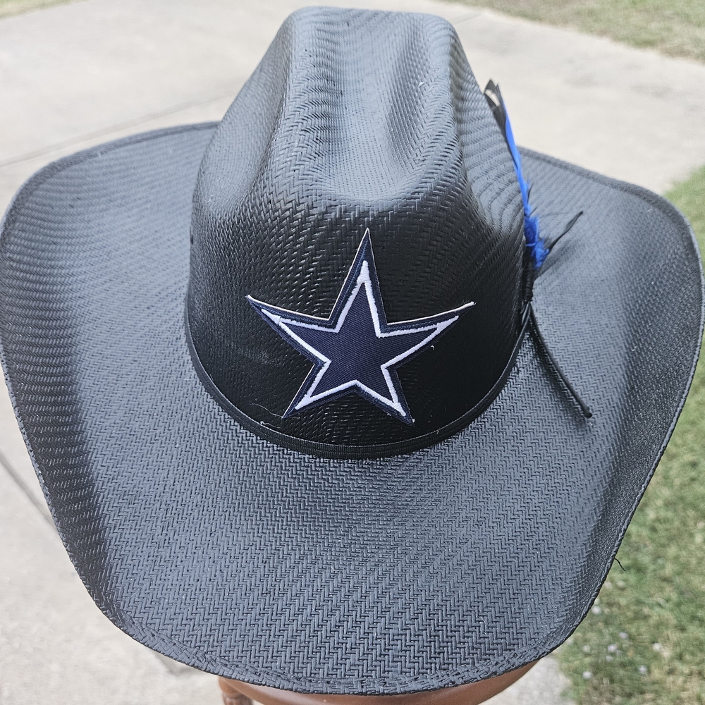 Matte Black Custom Cowboy Hat with Star and accent blue and black feathers!